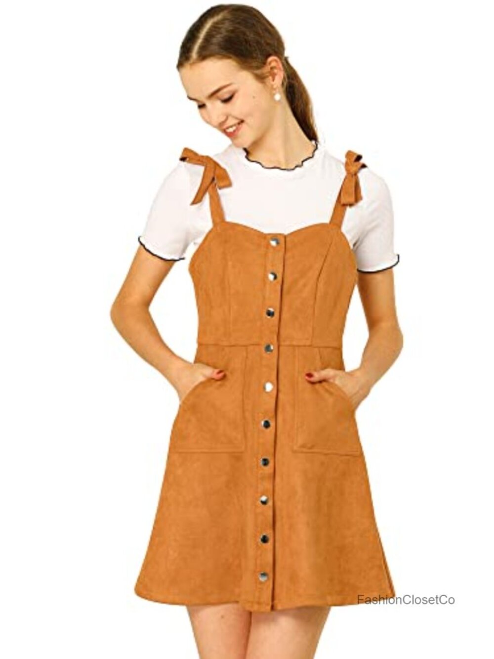 Faux Suede Sleeveless Button Front Overalls Dress with Side Pockets